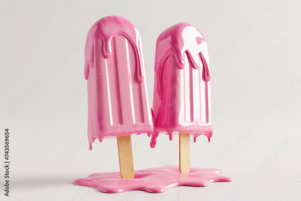 Pink stick ice cream melting on white background 3d rendering Pink stick ice cream melting on white background 3d rendering