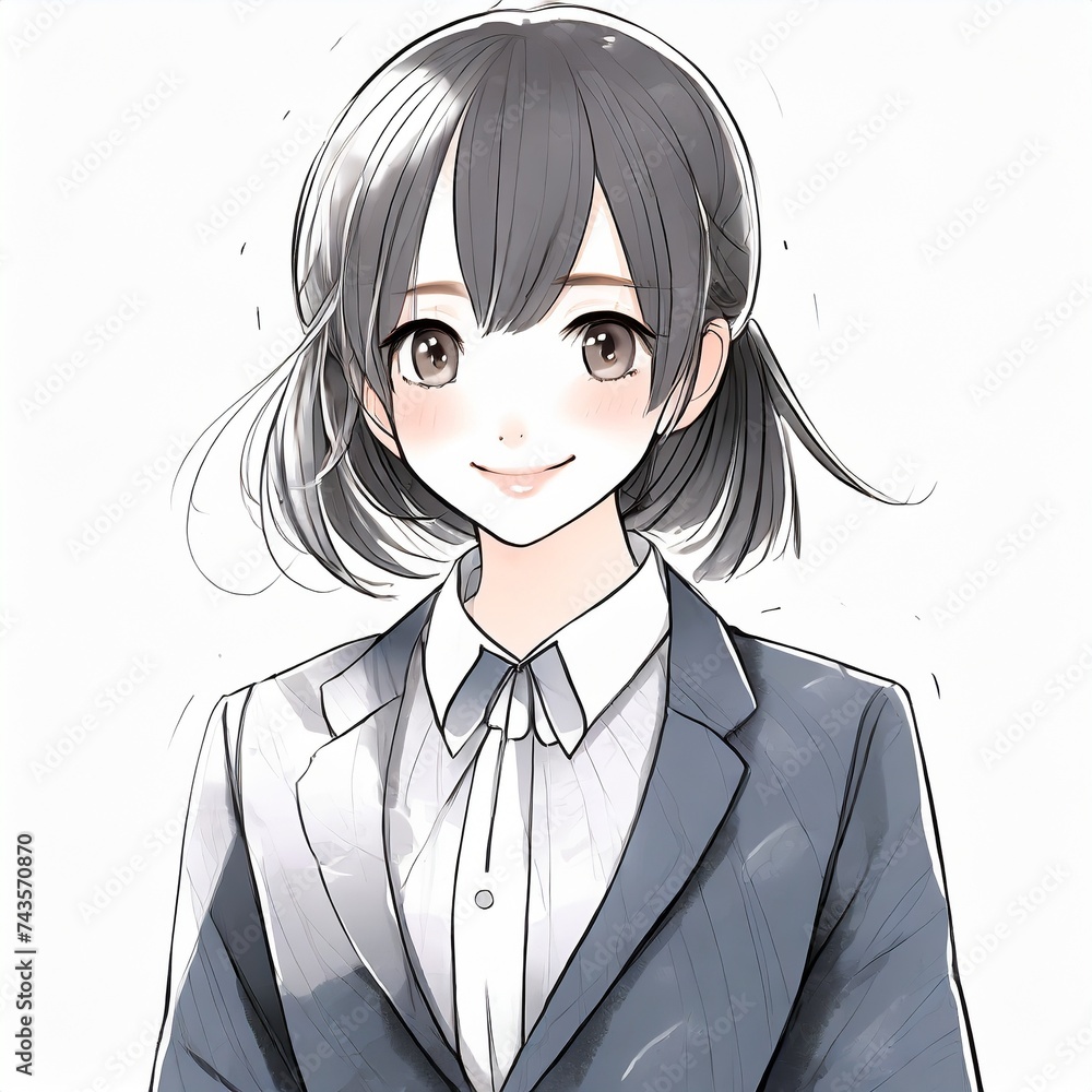 真正面の黒髪の女子学生 アニメ風のイラスト	
