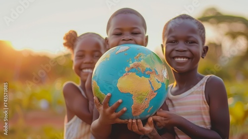International day of peace concept. Children holding earth globe. Group of African children holding planet earth planet earth over defocused nature background with copy space.  photo