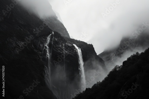 Majestic Cascade, Mountain Waterfall in Cinematic Monochrome photo