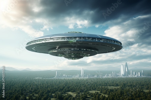 Gleaming ufo spaceship hovering above the dynamic modern city center skyline