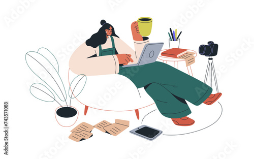 Creative blogger planning content, creating ideas for video blog. Creator, screenwriter at laptop, works under script, plot for vlog. Flat graphic vector illustration isolated on white background