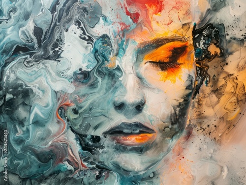 Abstract Artistic Portrait with Colorful Paint Swirls and Female Imagery
