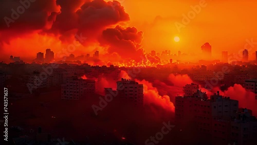 Digital Art. Warzone city with smoke and fire sources, concept art photo