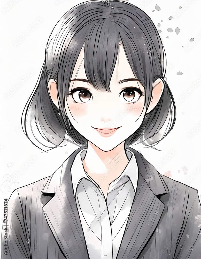 真正面の黒髪の女子学生 アニメ風のイラスト	
