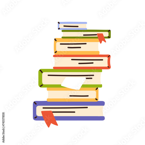 Book stack. Textbooks with bookmarks. Paper literature pile for learning, rea...