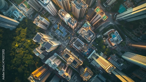 Aerial View of Bustling Cityscape at Twilight with Illuminated Skyscrapers © pisan