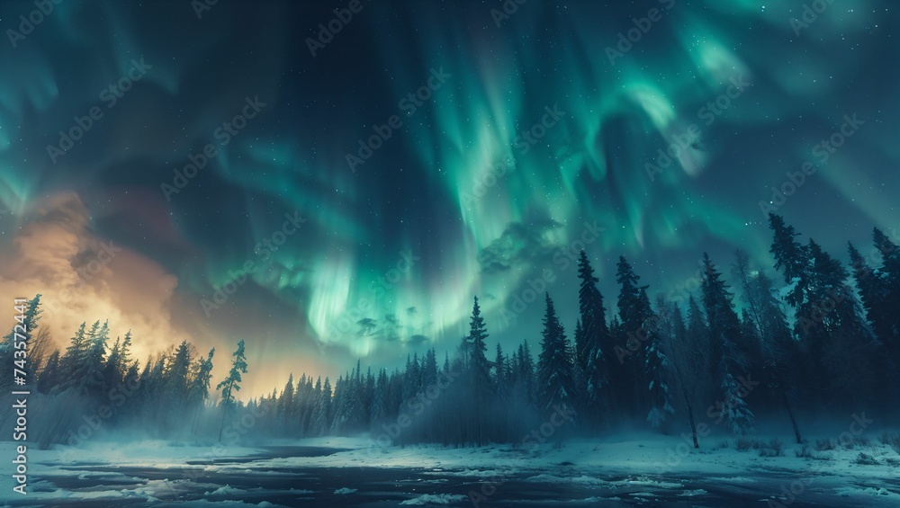 Obraz premium Beautiful aurora borealis at night by a lake with mountains