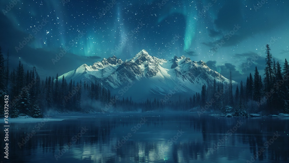 Beautiful aurora borealis at night by a lake with mountains
