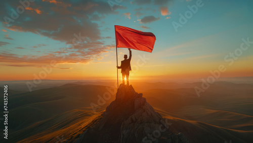 A businessman stands on top of a mountain holding a red flag and raising it