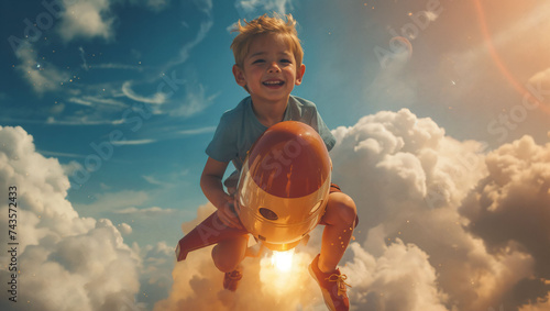 A little boy happily rides a rocket in the sky