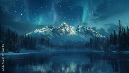 Beautiful aurora borealis at night by a lake with mountains