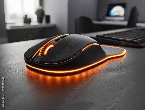 Sleek Modern Computer Mouse with Orange LED Illumination on Desk