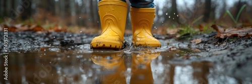 Youngster strolling in yellow rubber boots. Generative Ai.