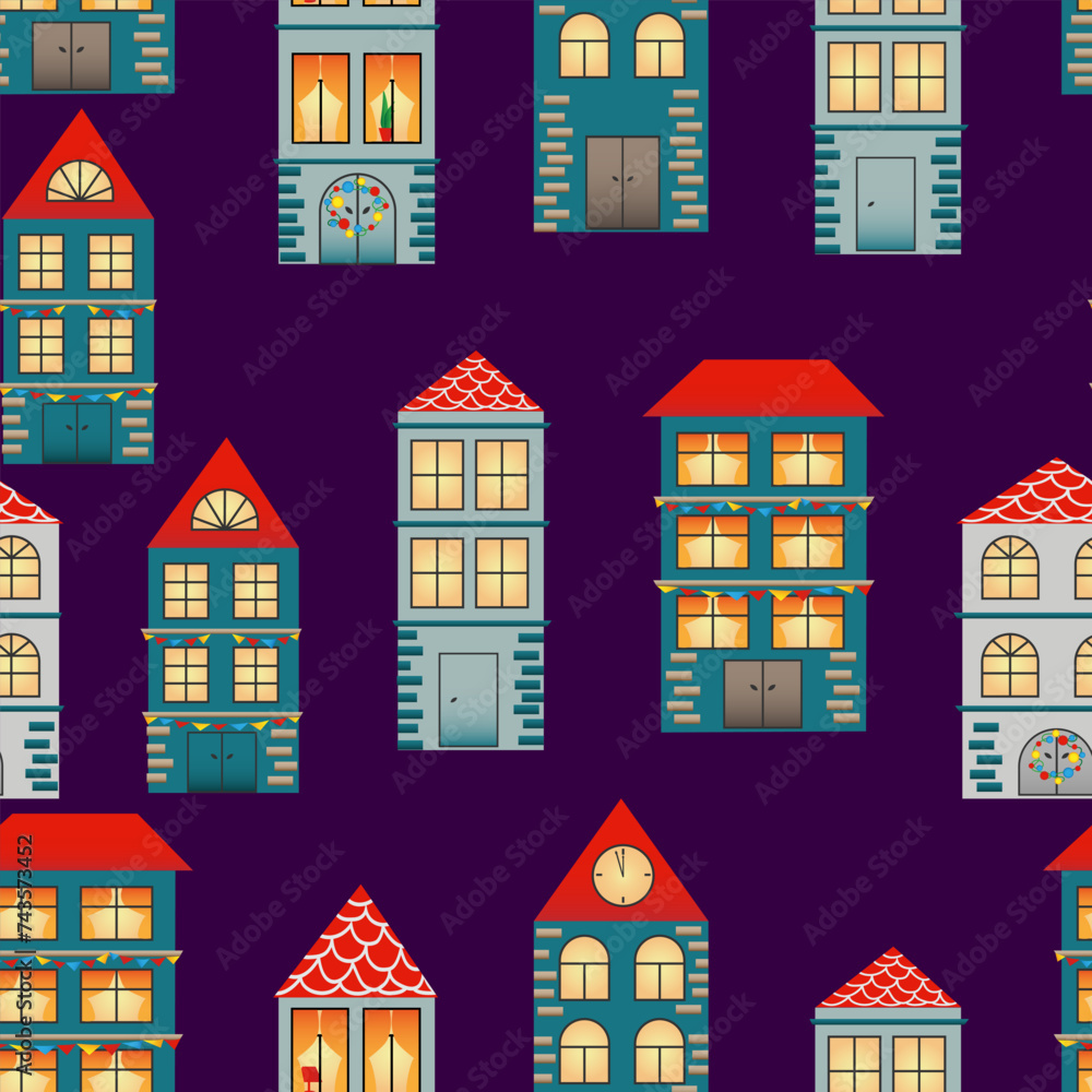Seamless pattern with hand drawn  city. Many cute different houses with red roof on purple background. Design for fabric, packaging paper