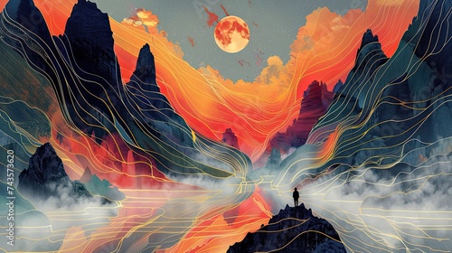 Surrealism illustration, minimalism, line art, light art, Aurora colouring, mountains, Chinese architecture