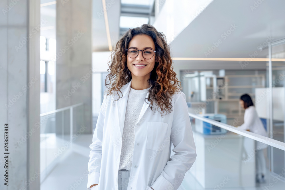American woman scientist wearing white coat and glasses in modern Medical Science Laboratory. American woman scientist wearing white coat and glasses in modern Medical Science Laboratory.