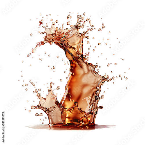 cascading liquid brown soda or tea splash frozen in an abstract futuristic 3d texture isolated on a transparent background photo