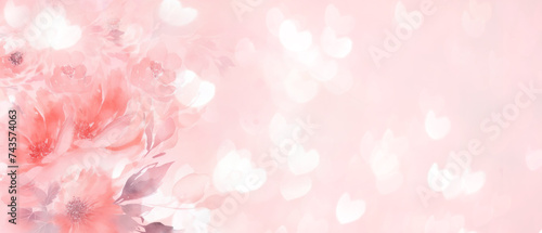 Floral holiday pink banner. Delicate pink roses in pink background with flying hearts. Copy space.