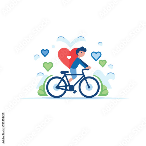 Vector illustration of a man in love riding a bicycle with a heart.