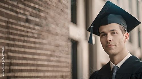 male student proudly wearing graduation cap on the day of university graduation photo