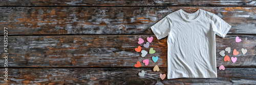 White classic unisex blank t-shirt front mock-up on rustic wooden background with colorful hearts, top view. Banner with copy space. Valentines and Mothers day Concept. Branded merchandise template