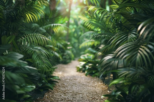 A dense jungle scene with rich greenery  a clear path focus  and lush foliage blur creates a captivating digital backdrop.
