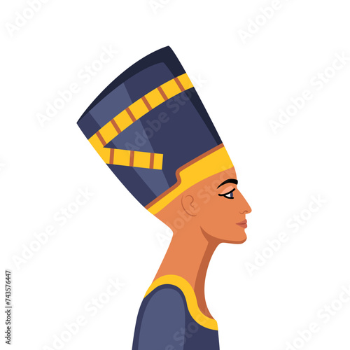 Egyptian Queen Nefertiti. Ancient portrait in crown. Beautiful woman profile closeup face. Ancient Egypt. Vector illustration.