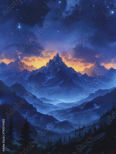 A starlit mountain range under a clear night sky with a detailed silhouette focus and a dreamy night blur.