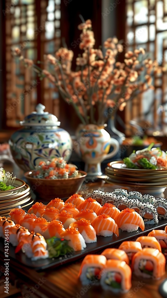 An ornate table featuring an elegant spread of sashimi, sushi. The sushi and sashimi are arranged in a circular pattern, highlighting the artistry of Japanese cuisine