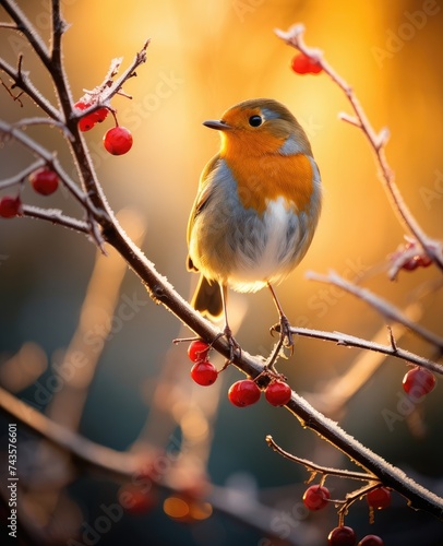 Autumn Robin Perched Amongst Red Berries in Golden Light by Generative AI