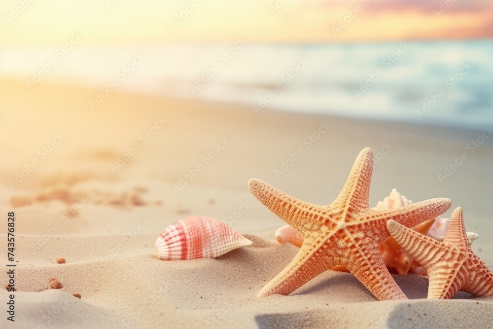 erene Beachscape with Starfish and Shells at Sunset Generative AI