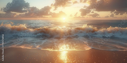 Golden hour beach digital backdrop features warm sunlight over sea, with central horizon focus and soft blur.