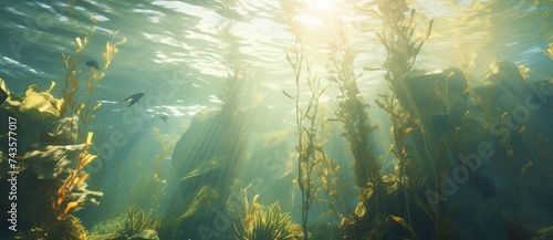 Submerged Serenity  Sunlit Seaweed Dance in Ocean Depths Generative AI
