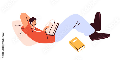Man reading book, listening audio, lying and relaxing. Reader in earphones, resting with audiobook and paper literature. Bookworm at leisure. Flat vector illustration isolated on white background