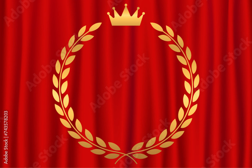 月桂樹のフレームがある赤色のカーテンの背景