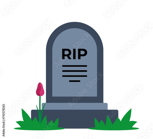 Gravestone with grass on ground. Old tombstone on grave with text RIP. Vector illustration.