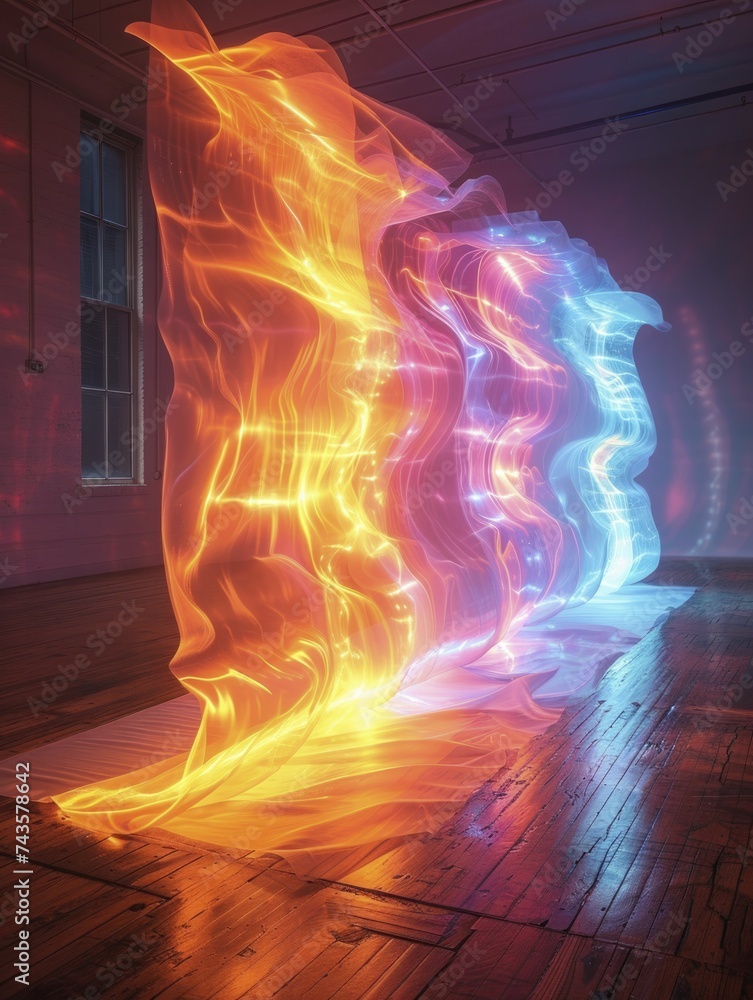 Fototapeta premium Neon abstract backdrop in a studio, vibrant light trails focus with dynamic, glowing blur create a mesmerizing scene.