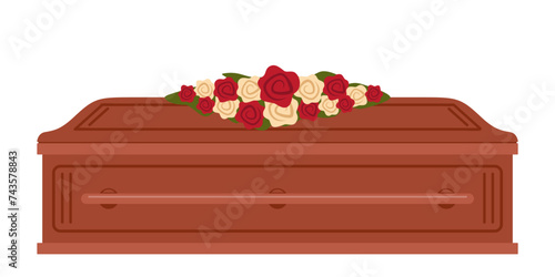 Coffin with flowers on it. Funeral, mourning tradition. Burial ceremony of dead human, closed coffin. Ritual service vector illustration.