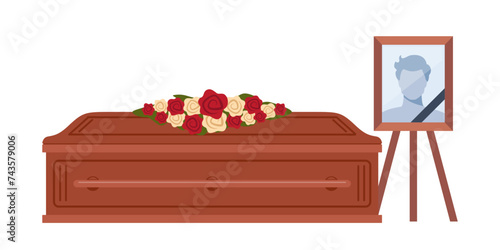 Dead young man coffin and photo. Funeral ceremony. Ritual service. Male picture and flowers wreath on coffin. Vector illustration.