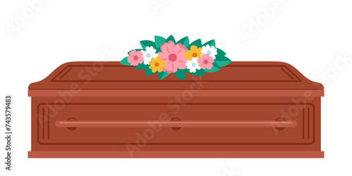 Coffin with flowers on it. Funeral, mourning tradition. Burial ceremony of dead human, closed coffin. Ritual service vector illustration.