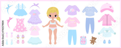 Paper doll clothes. Baby doll. Cute girl with clothes set, collection. Game, toy for children play. Cute girl with dresses. Vector illustration isolated on white background. Stickers. Dress up, cutout