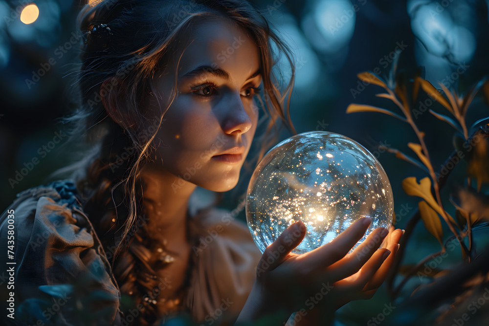 Naklejka premium Psychic Woman Holding a Crystal Ball. Portrait of Fortune Teller