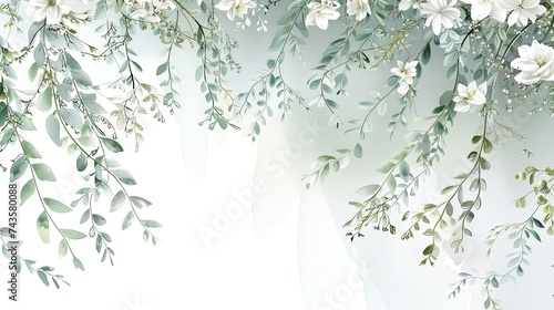 green wall with white flowers and branches isolated on white, in the style of dreamy watercolor scenes, intricate layering, flowing draperies, light white and light navy, whimsical wilderness, delicat #743580088