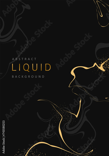 Abstract liquid background. Fluid art. Elegant cover design. Luxury marble pattern in gold and black colors. Minimalist vector template for invitation, postcard, brochure, flyer.