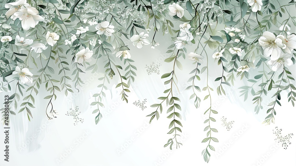 Obraz premium green wall with white flowers and branches isolated on white, in the style of dreamy watercolor scenes, intricate layering, flowing draperies, light white and light navy, whimsical wilderness, delicat