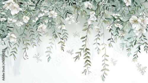 Wallpaper Mural green wall with white flowers and branches isolated on white, in the style of dreamy watercolor scenes, intricate layering, flowing draperies, light white and light navy, whimsical wilderness, delicat Torontodigital.ca