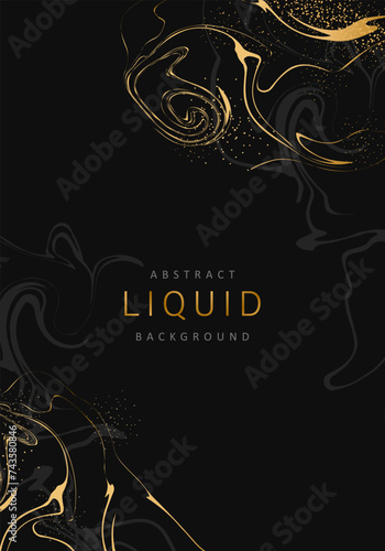 Abstract liquid background. Fluid art. Elegant cover design. Luxury marble pattern in gold and black colors. Minimalist vector template for invitation, postcard, brochure, flyer.