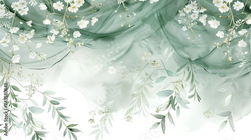 green wall with white flowers and branches isolated on white, in the style of dreamy watercolor scenes, intricate layering, flowing draperies, light white and light navy, whimsical wilderness, delicat
