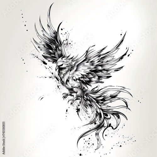 Phoenix illustration, drawing, engraving, ink, line art, vector. Sketch of a tattoo in the form of a Firebird. T-shirt apparel print design.